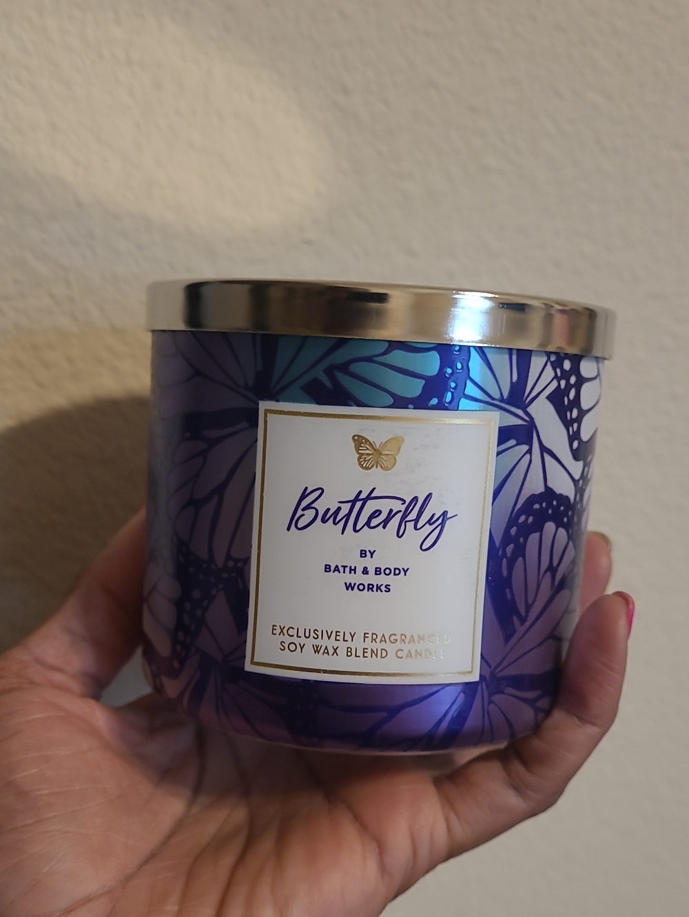 Bath & Body Works Butterfly 3 Wick Candle - Purple & Blue